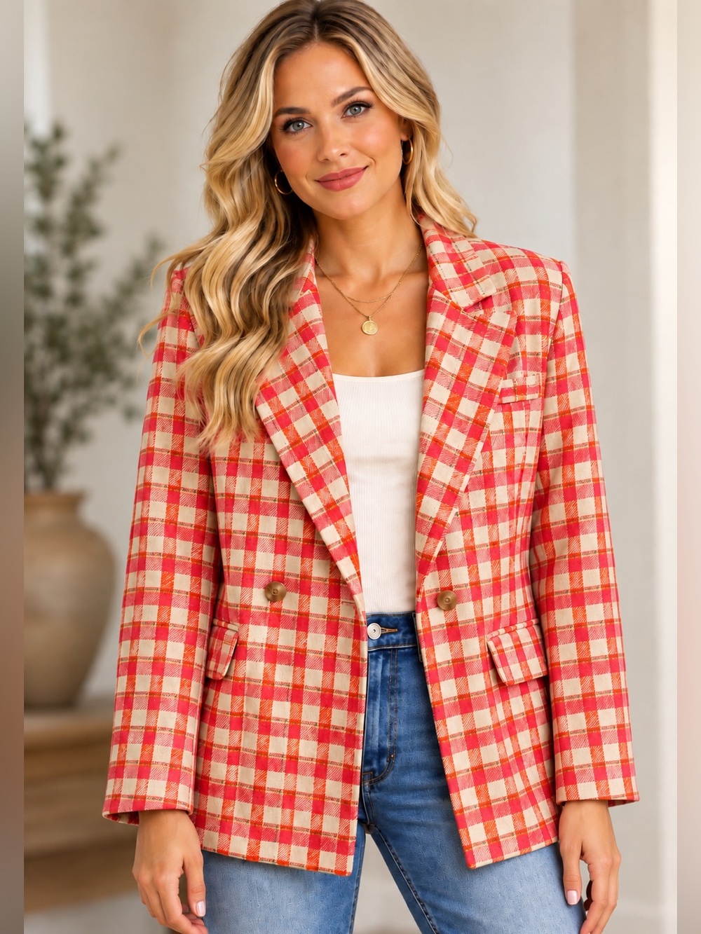 And The Why Plaid Double Breasted Blazer Pink Cream NWT L